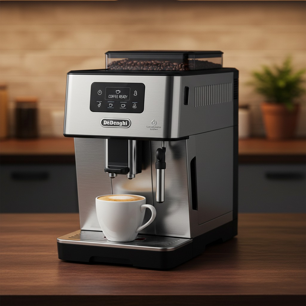 Ein silberner De'Longhi Kaffeevollautomat steht auf einer Holzarbeitsplatte und bereitet eine Tasse Kaffee zu.