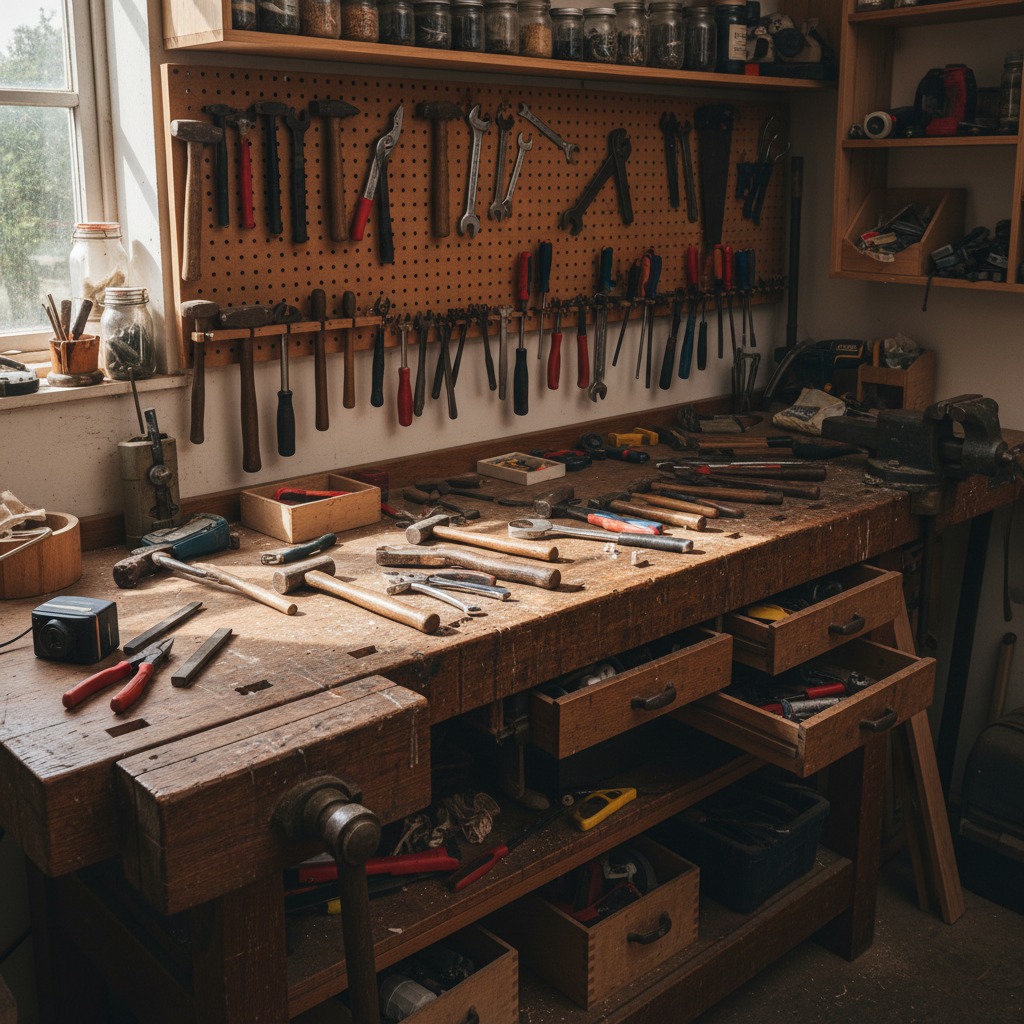 Eine gut ausgestattete Werkbank aus Holz mit zahlreichen Handwerkzeugen, die an einer Lochwand hängen und auf der Arbeitsfläche verteilt sind.